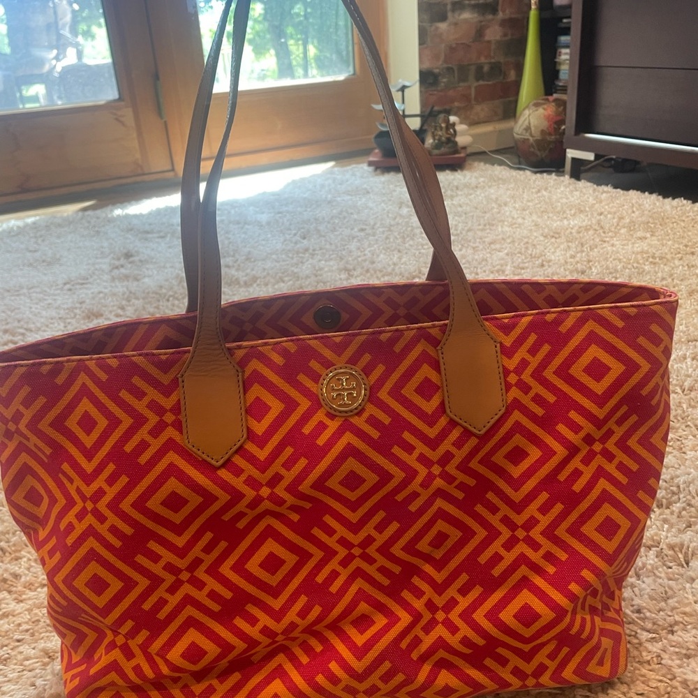 Tory Burch Red and Yellow Geometric Tote